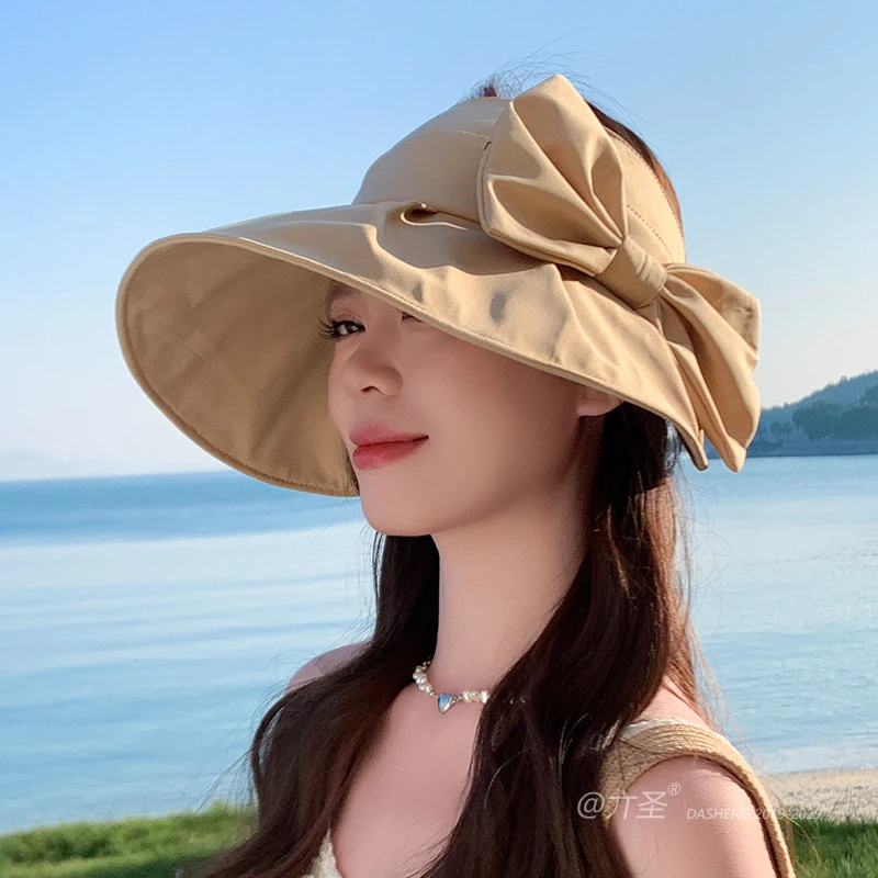包包蝴蝶结空顶帽女生夏季可爱减龄可扎马尾防晒帽韩国百搭大沿帽