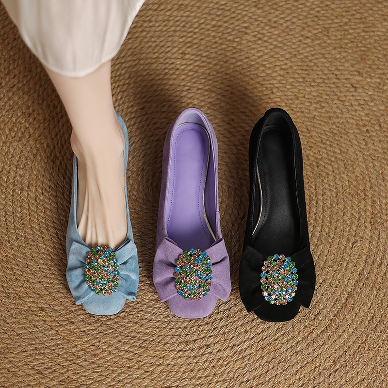 4CM，羊皮法式水钻浅口粗跟女单鞋夏季时尚粗法式粗跟水钻浅口单鞋