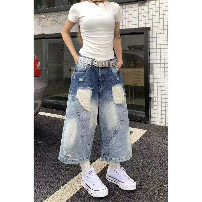 美式复古水洗破洞牛仔短裤男夏季薄款阔腿七分裤子高街宽松直筒裤
