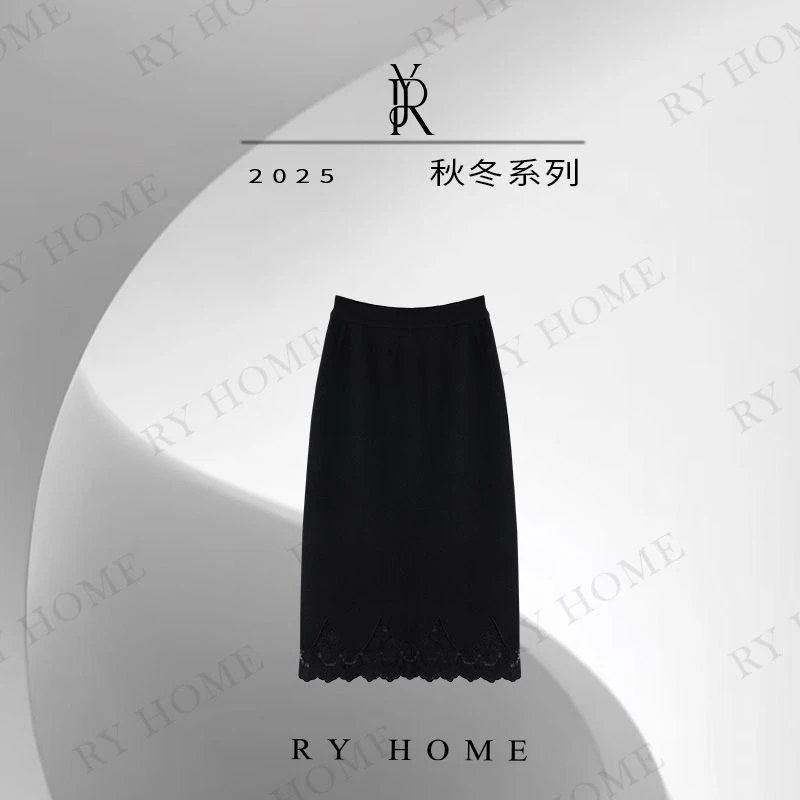 【容雨RYHOME】羊毛混纺蕾丝高腰显瘦开叉半裙253Q1427