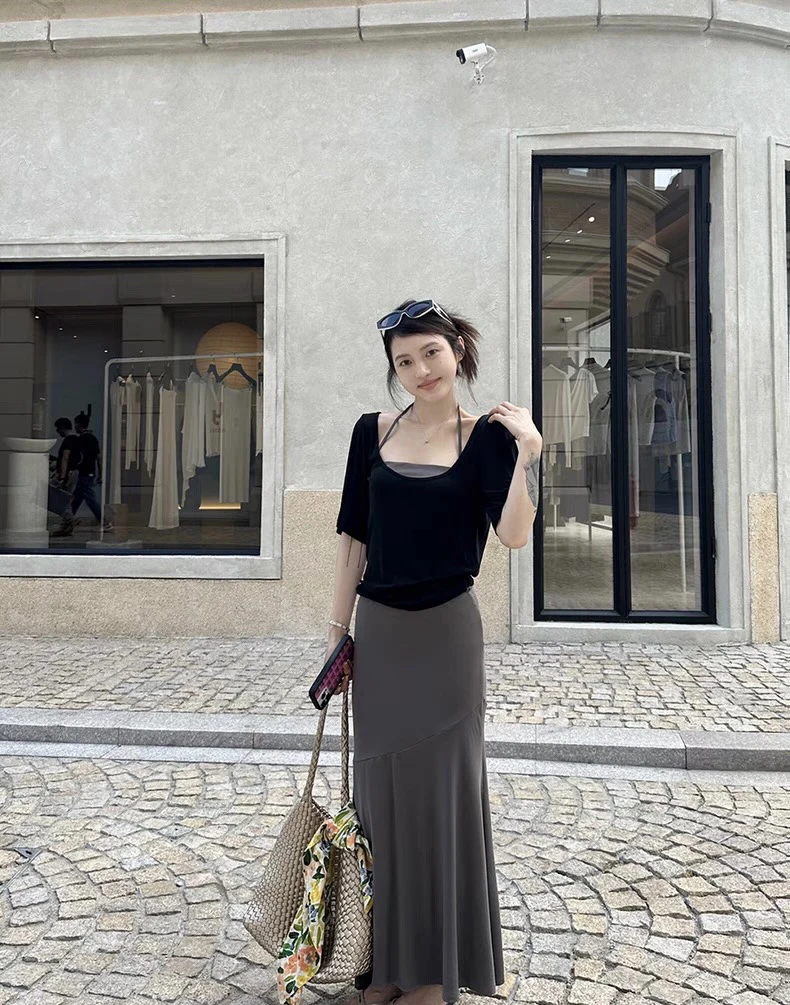 JUJU U领慵懒宽松薄款短袖针织衫女夏季韩系休闲百搭显瘦黑色上衣