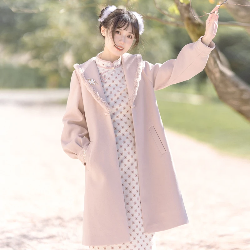 川黛时光：眉上风止 国风三色翻领毛呢大衣休闲百搭中长款外套女