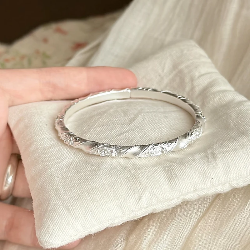 足银手镯 白山茶 请长缨足银999.9新中式复古山茶花银手镯约28g