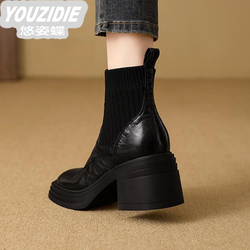 YOUZIDIE羊皮粗跟高跟短靴女瘦瘦靴秋冬新款小个子厚底弹力袜靴