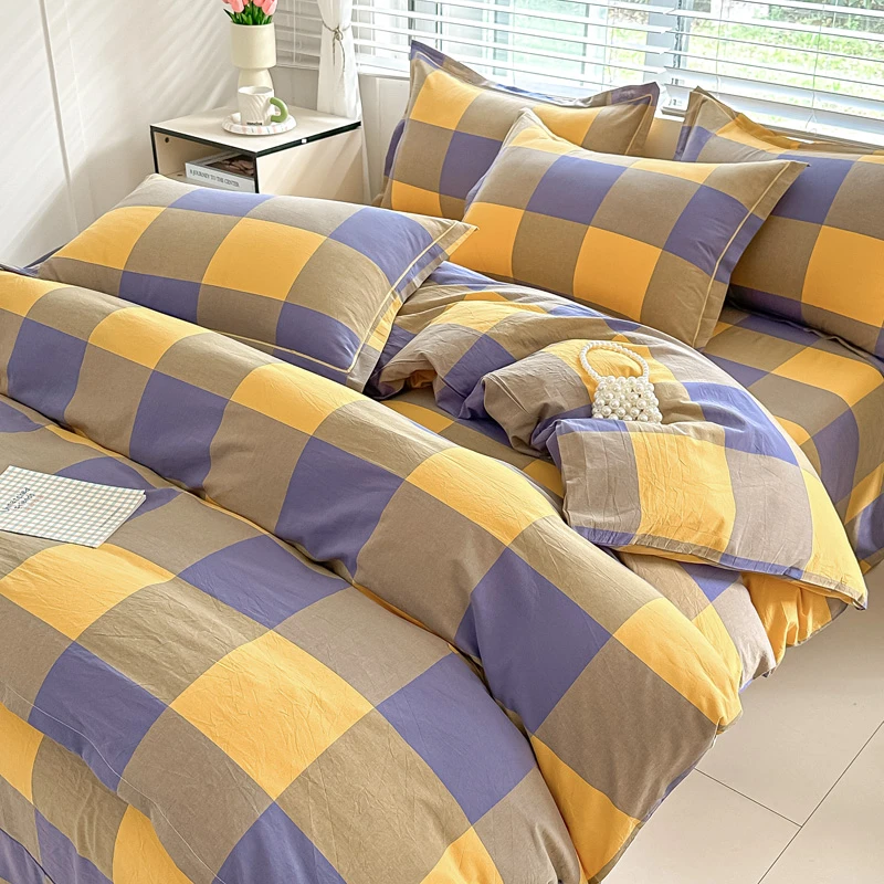 A类全棉100%纯棉色织水洗棉四件套无印风条纹格子款床单被套床品