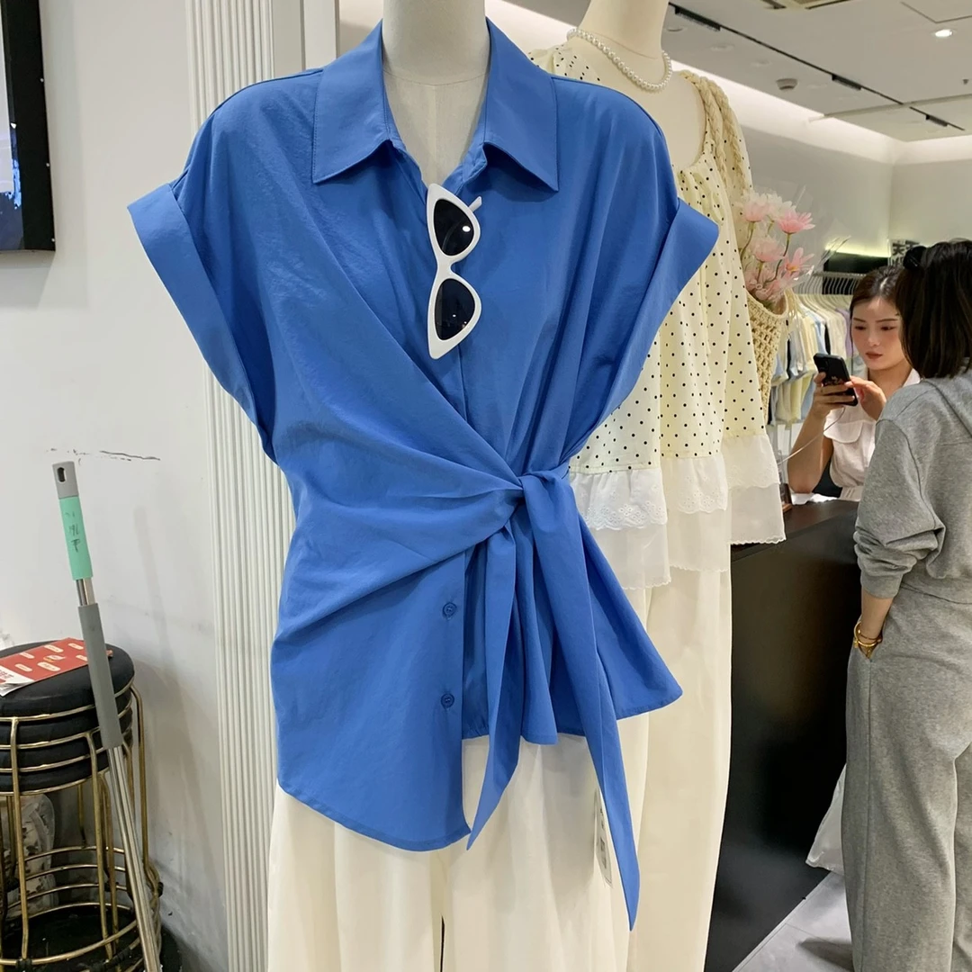 翻领侧边系带衬衫女落肩短袖夏季设计感小众法式休闲衬衣收腰上衣