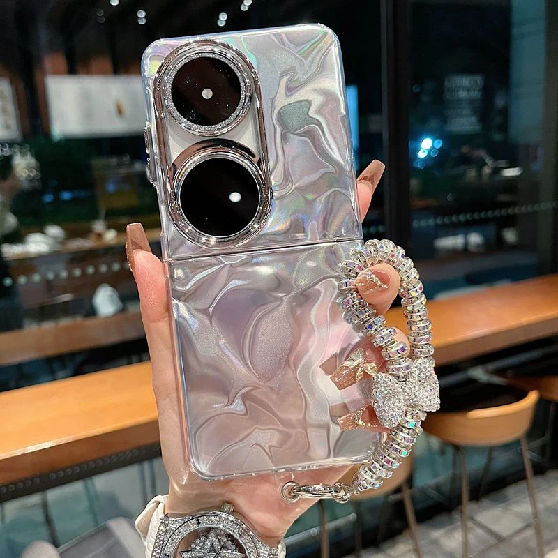 适用华为pocket2折叠屏新款手机壳简约水波纹镭射挂绳防摔保护套