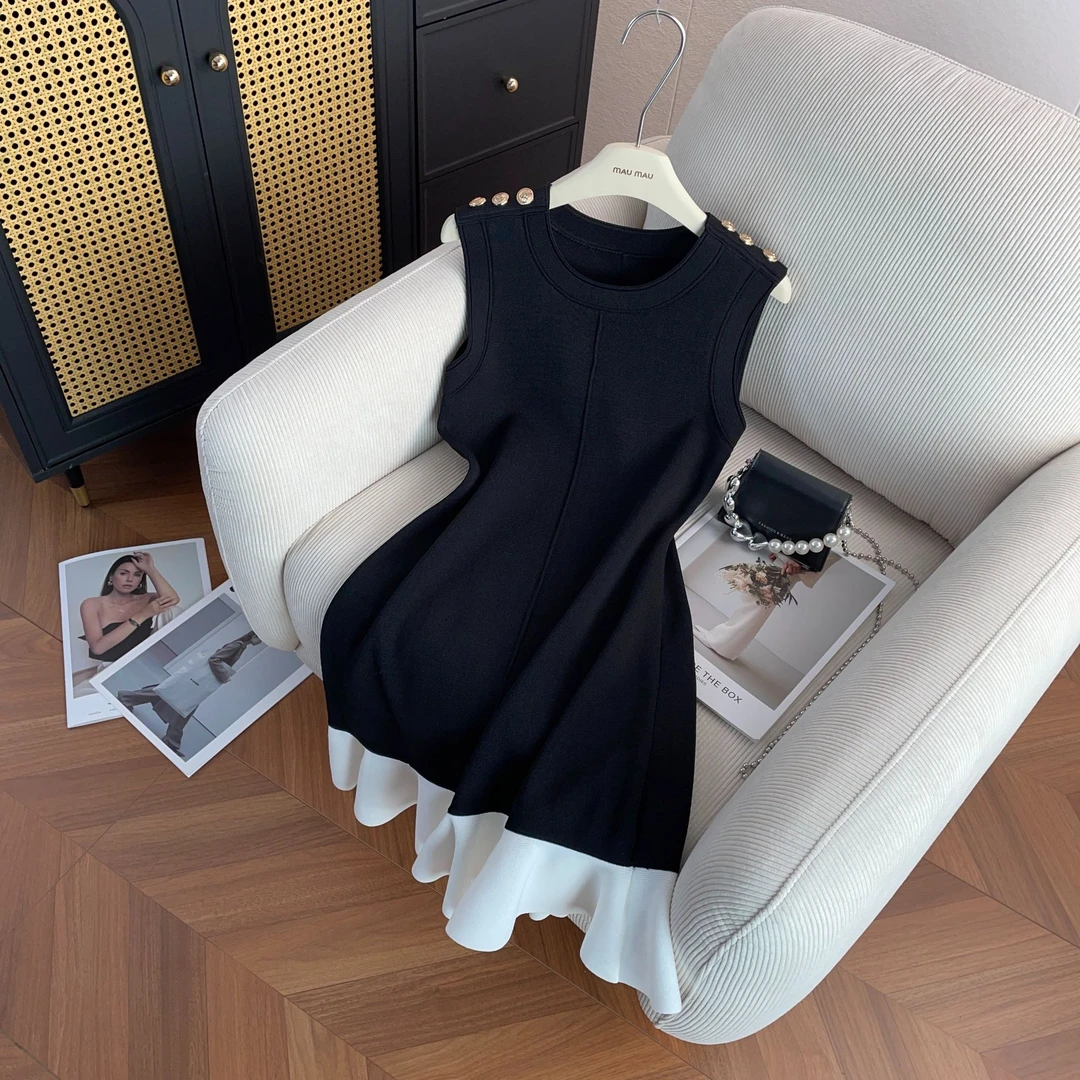 名媛风肩扣无袖背心收腰荷叶边连衣裙AL1407