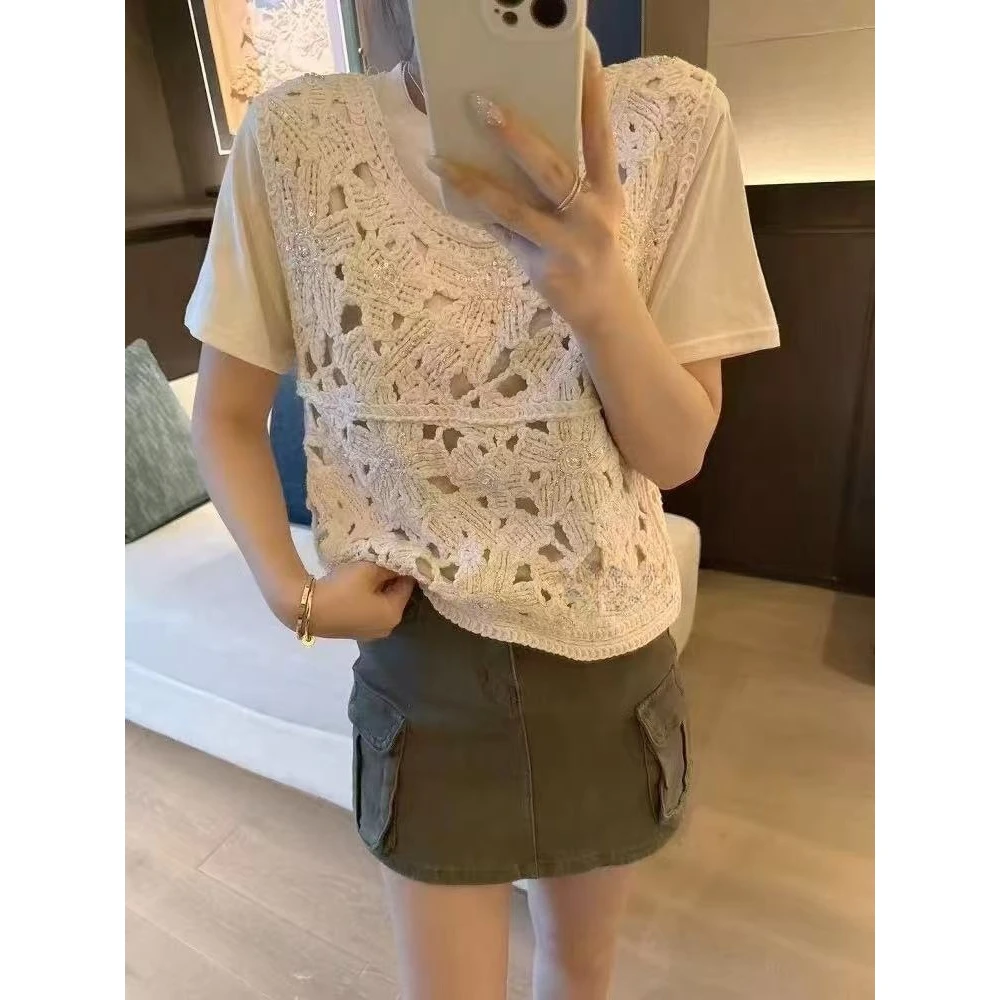 刺绣钩花领背心开衫女2025夏季新款外穿洋气甜美百搭马甲上衣