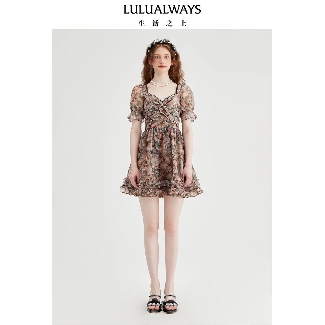 LULUALWAYS【商场同款】25夏季新款优雅气质欧根纱印花飘逸连衣裙