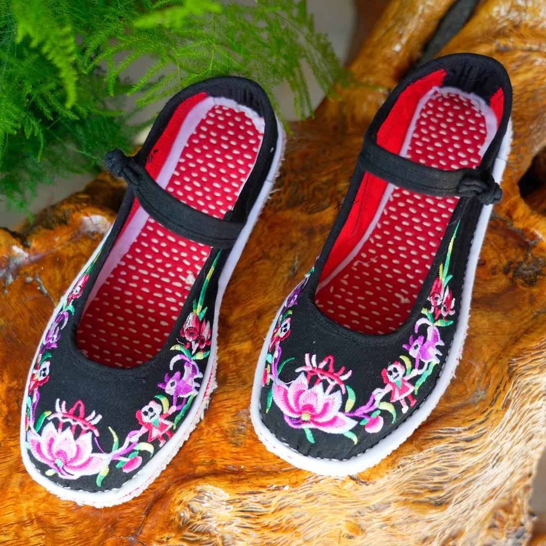 女老人装老鞋手工千层底轿子莲花黑绿两色