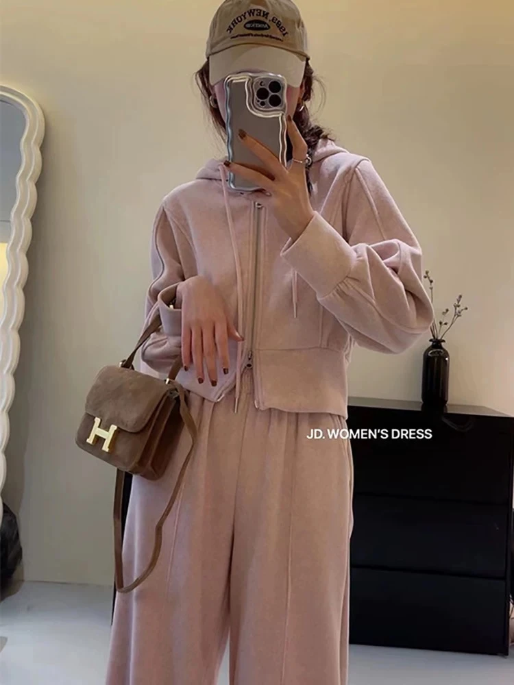 慵懒风休闲运动卫衣套装女秋冬季韩版高级感连帽开衫阔腿裤两件套