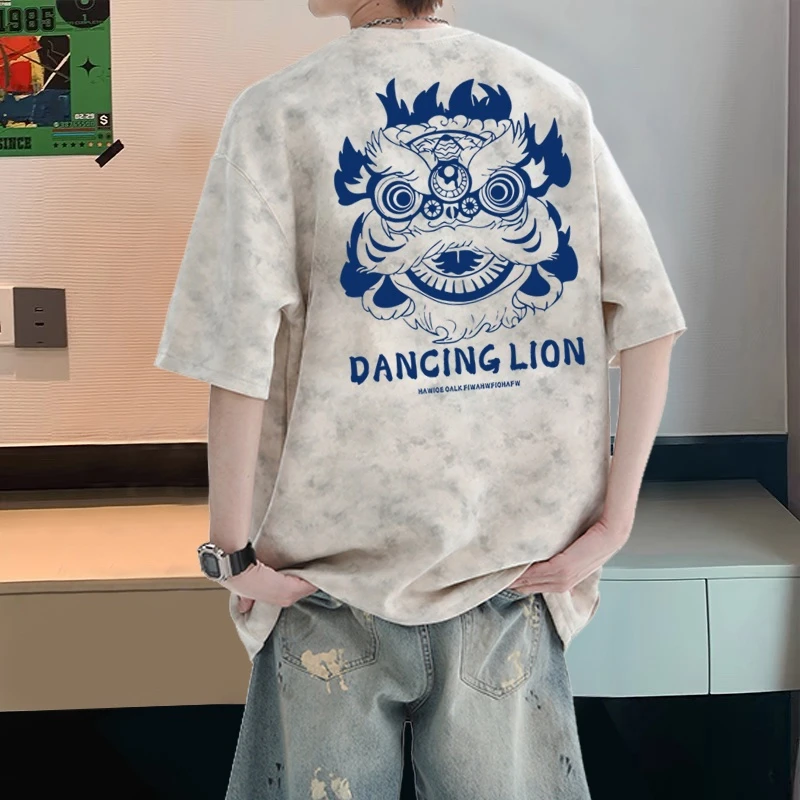 扎染纯棉短袖t恤男生宽松大码上衣美式潮牌国风设计感情侣装半袖