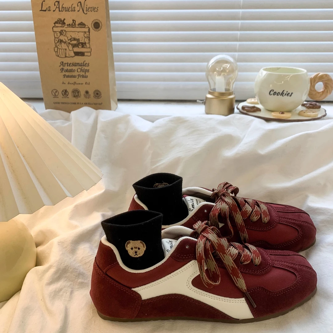 拼色磨砂皮复古德训鞋女2025秋冬真皮平底显脚小双鞋带街拍阿甘鞋