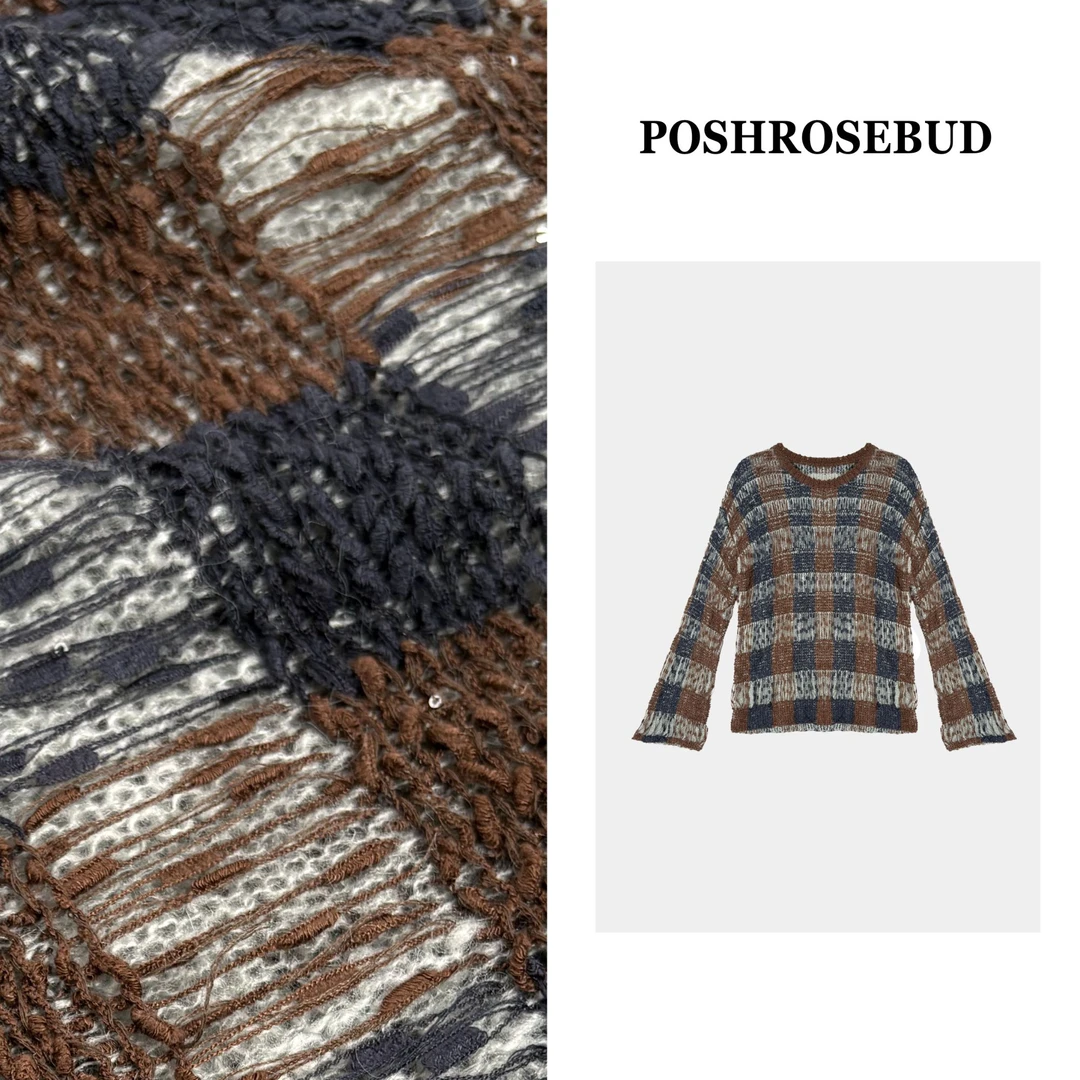 POSHROSEBUD【慕斯】绵羊毛格纹长袖宽松显瘦针织衫-11869-1