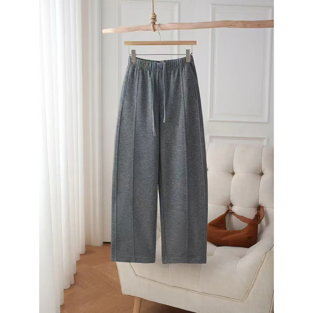 秋冬15%羊毛弯刀裤 宽松拉绒刺毛工艺高腰时尚窄版加厚阔腿裤外穿