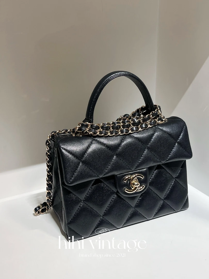 99新 Chanel/香奈儿 Chanel 黑金荔枝纹Kelly手提单肩包/14770624