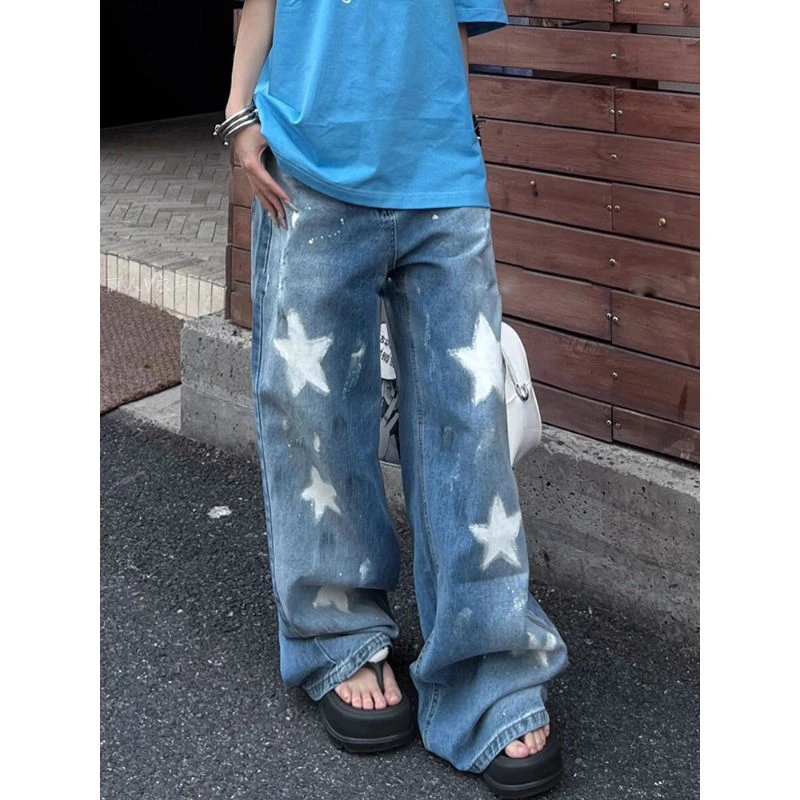 美式高街设计感五角星印花牛仔裤子女辣妹复古做旧油漆涂鸦拖地裤
