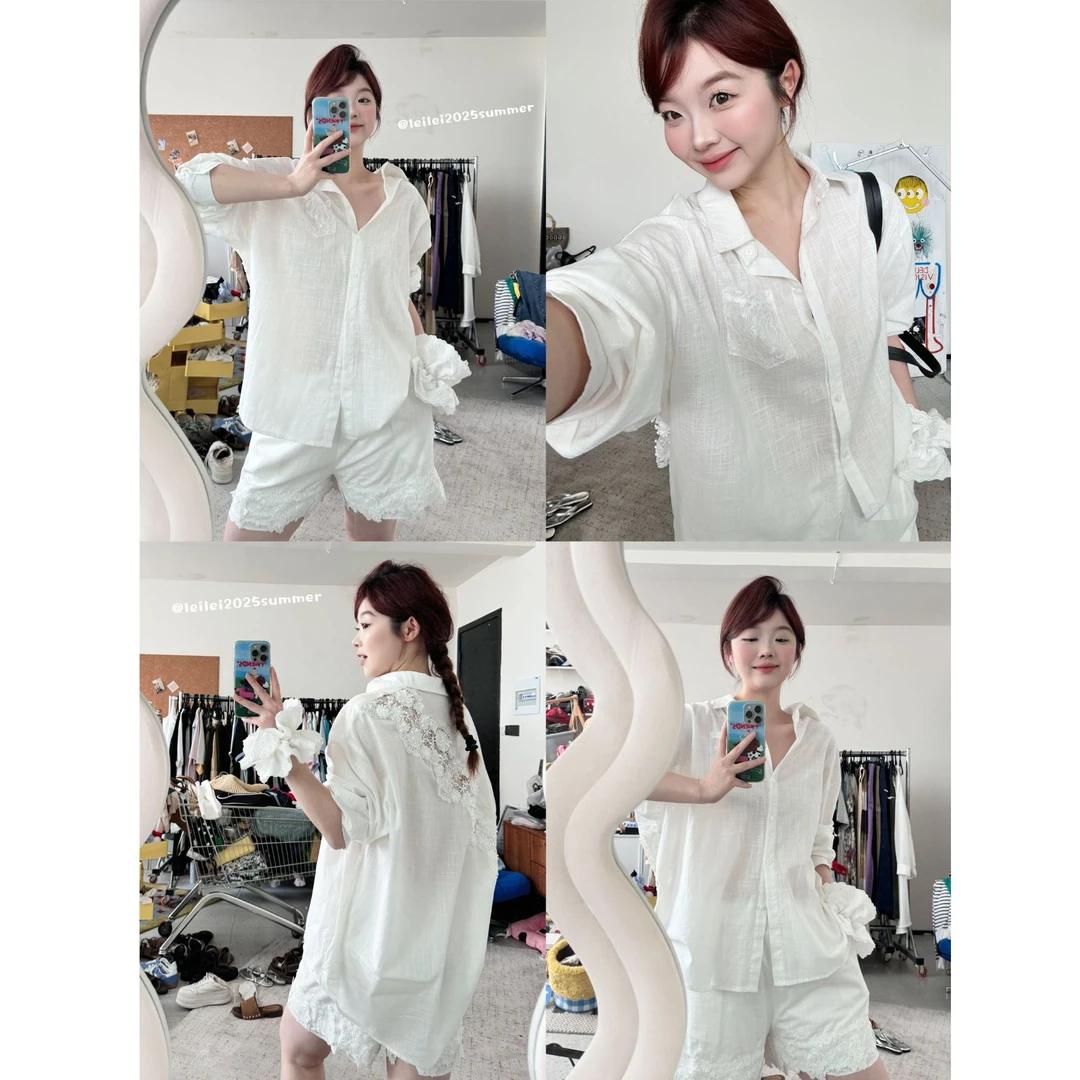 晶咕【无事小神仙】后背斜蕾丝宽松翻领衬衫+全松紧高腰短裤