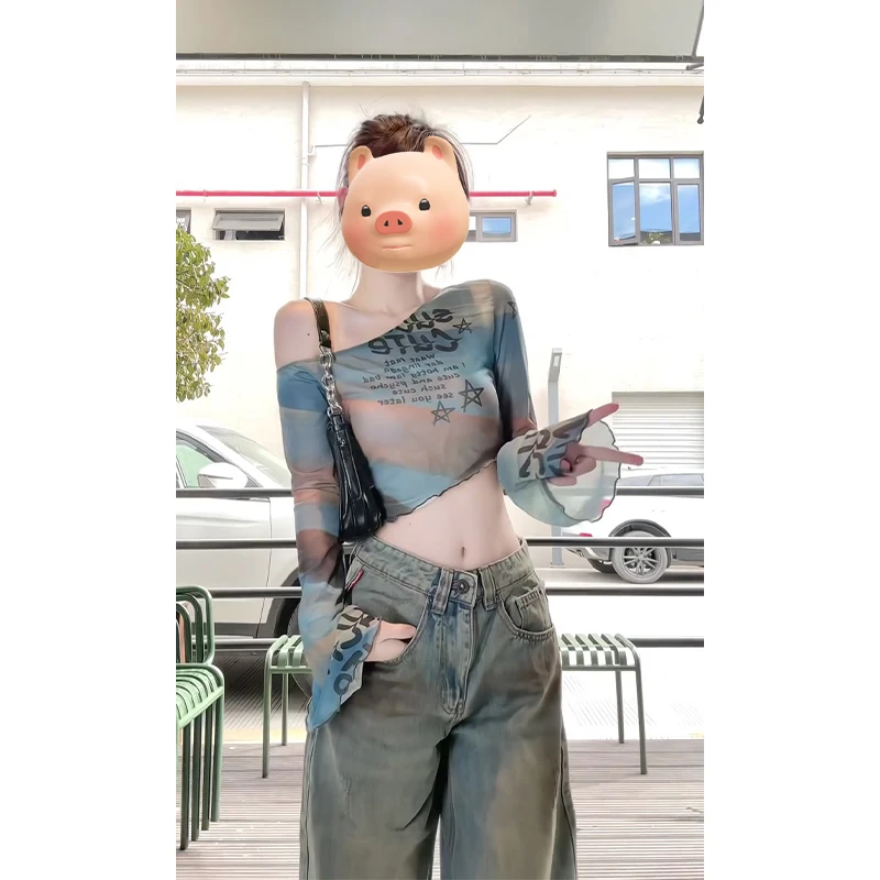 美式辣妹晕染印花斜肩长袖防晒T恤女夏季薄款不规则收腰短款上衣