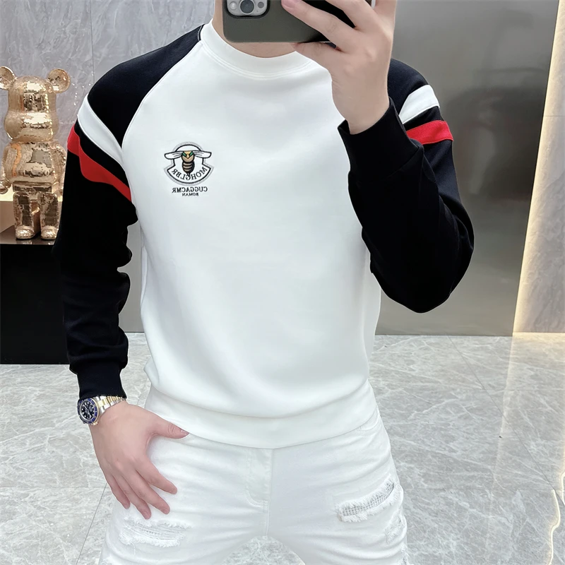 秋冬男士卫衣2025新款潮牌时尚个性蜜蜂刺绣百搭修身圆领长袖上衣