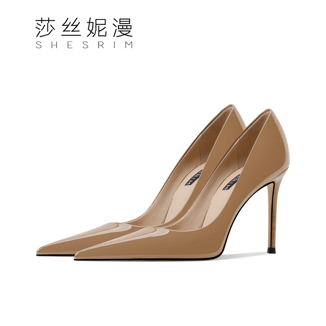 「9CM」简约秋季胎牛漆皮时装高跟女单鞋浅口鞋性感黑新款上新尖头