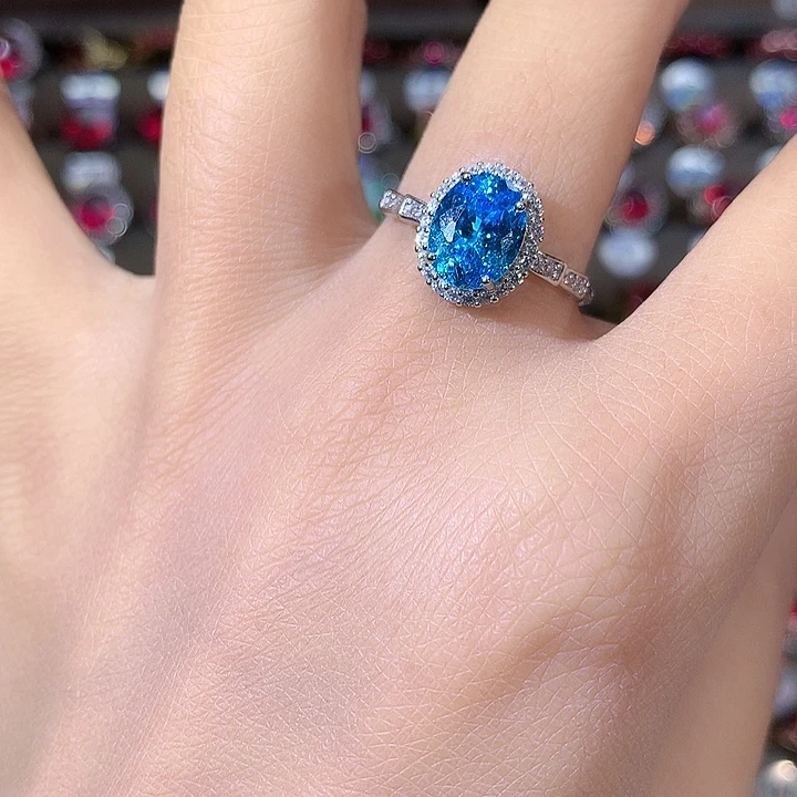 戒圈银S925镶嵌海蓝宝石白鸟巢切79