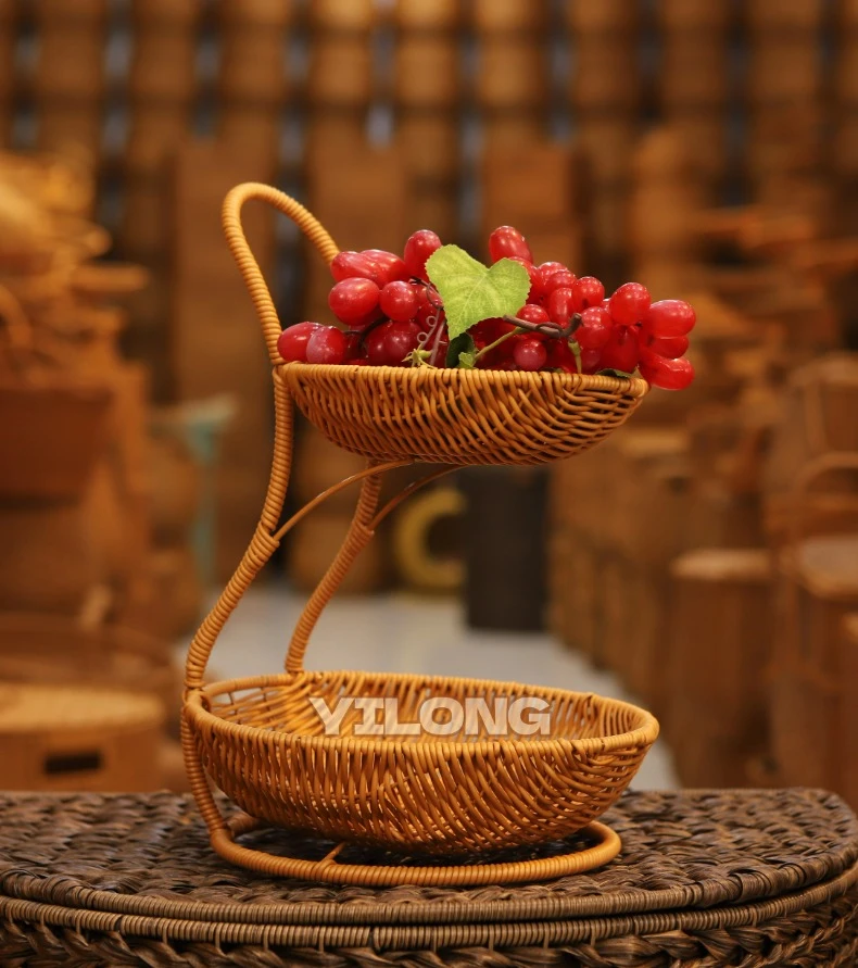 创意小蛮腰双层果盘果篮纯手工仿藤收纳篮欧式轻奢露营水果面包篮