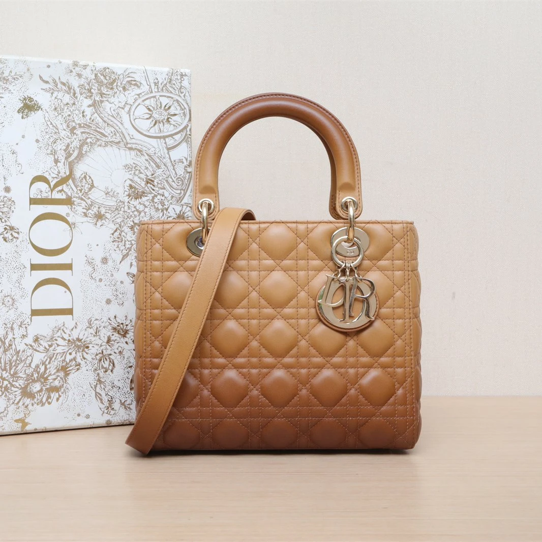 99新 DIOR/迪奥 小花Jerry活动Lady Dior 戴妃包 五格 卡其色