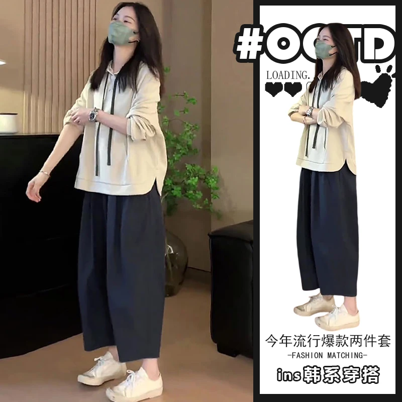 2025春秋韩版气质宽松减龄连帽卫衣高腰运动裤遮肉简约休闲套装潮