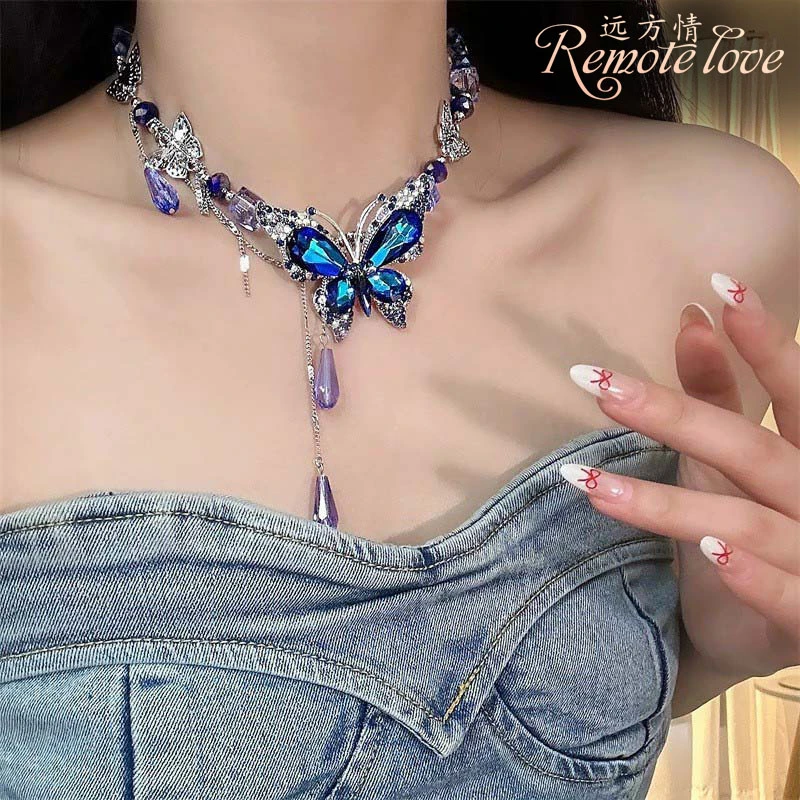 remote love/远方情 合金仿水晶项链 轻奢仿蓝宝石蝴蝶项链女N487