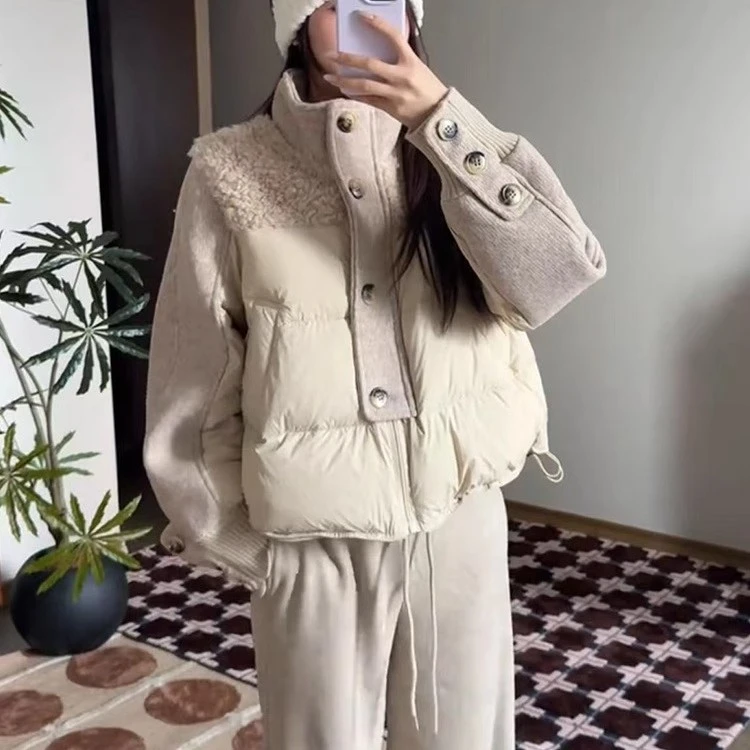 欧货羊羔毛拼接羽绒服女2025冬季立领面包服高级感白鸭绒短外套潮