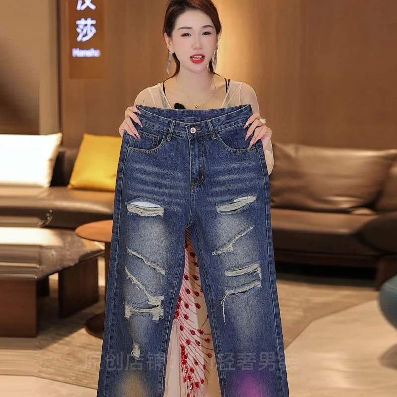 2025秋季新款美式高街男士牛仔裤时尚破洞潮牌宽松百搭直筒裤男款