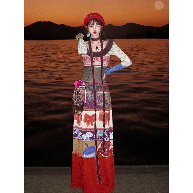 HAPIPP 新中式印花拼接撞色连衣裙女秋冬设计感修身辣妹性感长裙