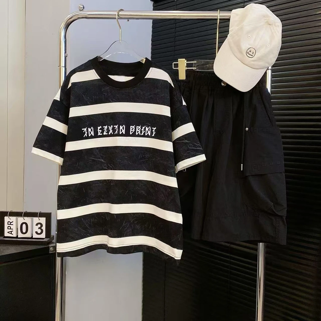 【嘟妈童装】2025儿童夏季黑白条纹短袖中大童百搭T恤3990