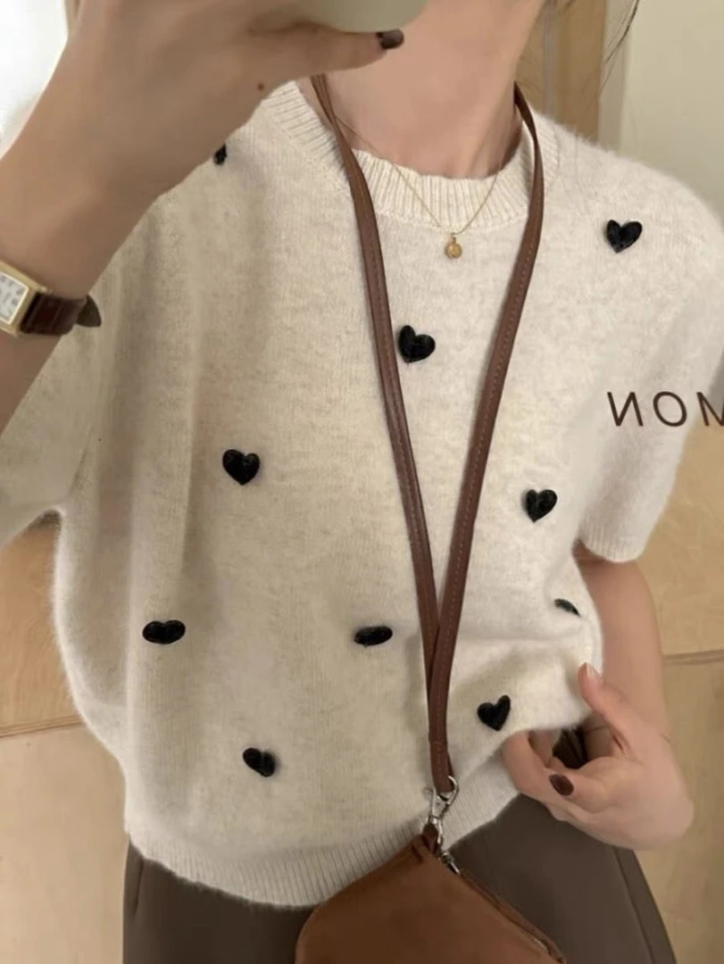 重工订爱心桃山羊绒针织上衣