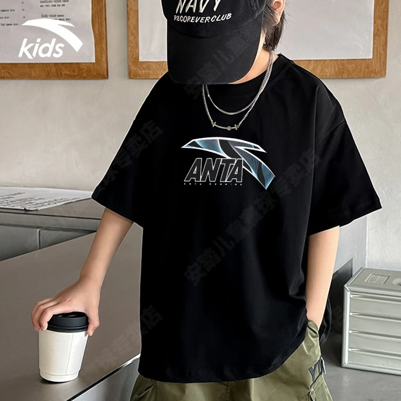 安踏儿童短袖T恤2025夏新款纯棉透气简约潮流运动跑步休闲速干T恤