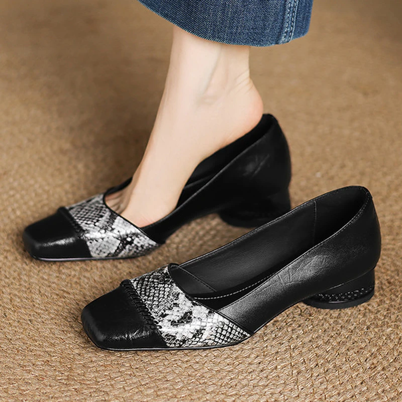 真皮时尚拼色中跟粗跟方头浅口单鞋女潮牌百搭一脚蹬懒人淑女鞋子