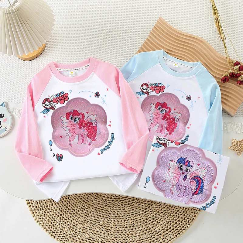 纯棉女童插肩长袖t恤亮片可变脸小马宝丽衣服洋气卡通女孩春秋款