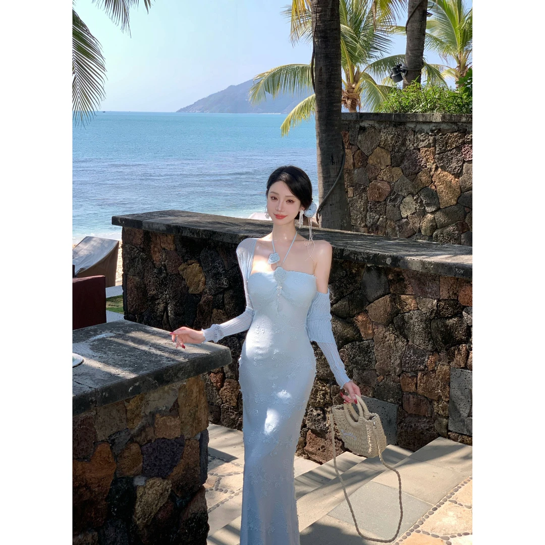 【雅乔定制】绵绵冰 立体花朵针织抹胸挂脖连衣裙DYYK-24102044