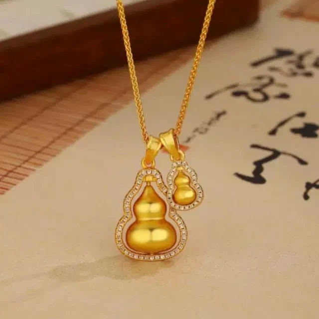 铜合金项链 【旋转双葫芦叠戴项链】新中式福禄国潮风古法金色坠链