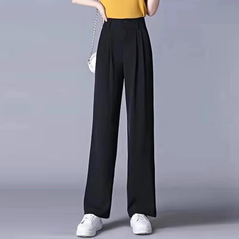 拉夏贝尔高腰显瘦直筒裤子夏季薄款2025新款黑色窄版休闲阔腿裤女