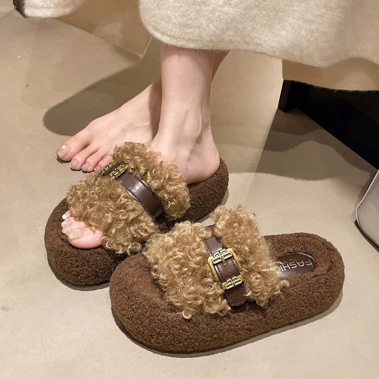 厚底增高洋气毛毛拖鞋女2025秋冬新款外穿网红高级感一字棉拖鞋子