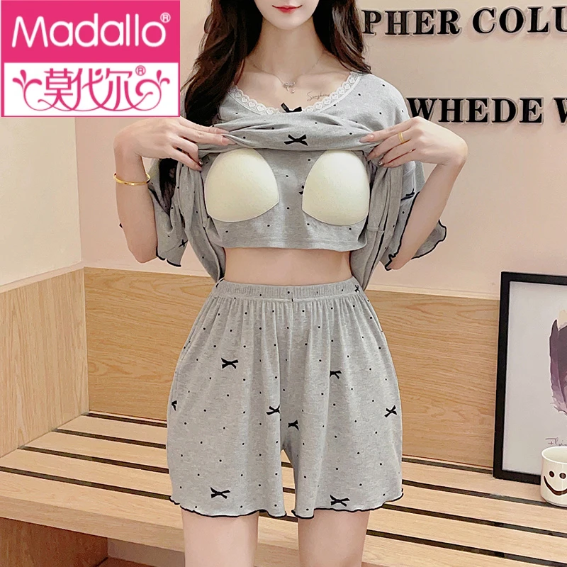 莫代尔带胸垫一体睡衣女夏莫代尔短袖短裤少女纯欲风夏天家居服套