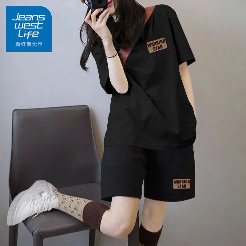 真维斯无界运动套装女士夏季2025年整套穿搭新款宽松短袖短裤两件