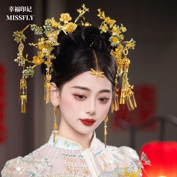 龙凤褂晨袍金绿色头饰婚礼结婚新中式新娘秀禾服发饰旗袍喜字古风