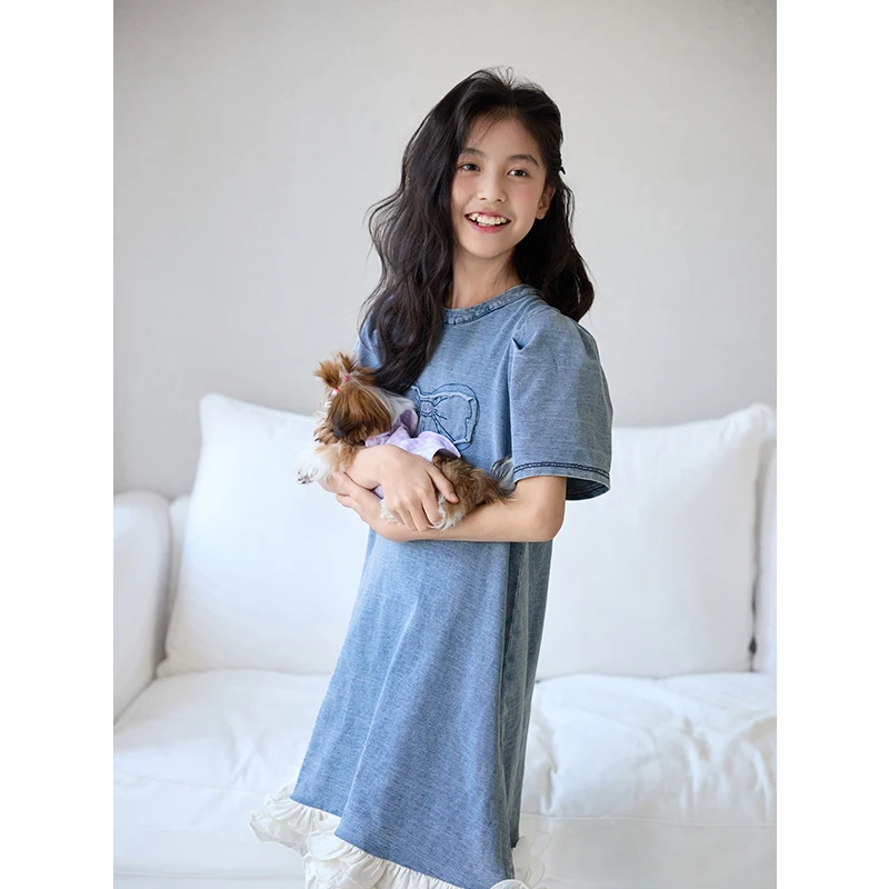 K26418花边拼接女童夏装牛仔连衣裙短袖裙子2025新款女孩A字裙潮