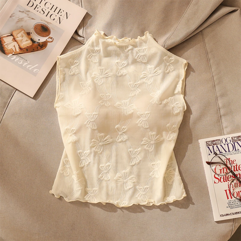 杏色蝴蝶结刺绣木耳花边吊带背心女夏季新款性感纯欲内搭无袖上衣