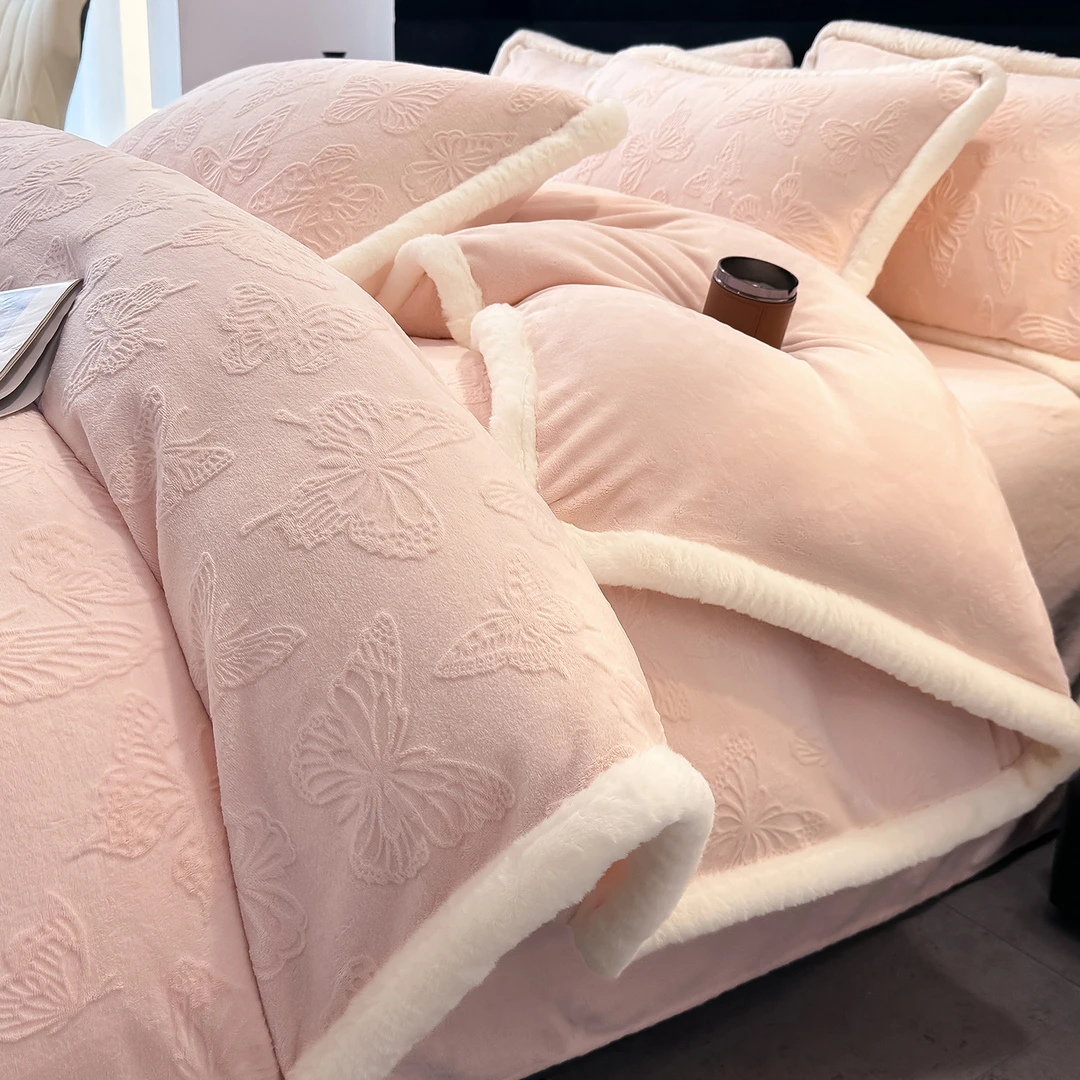 公主风雕花牛奶绒四件套加厚保暖双面绒被套三件套秋冬季床上用品