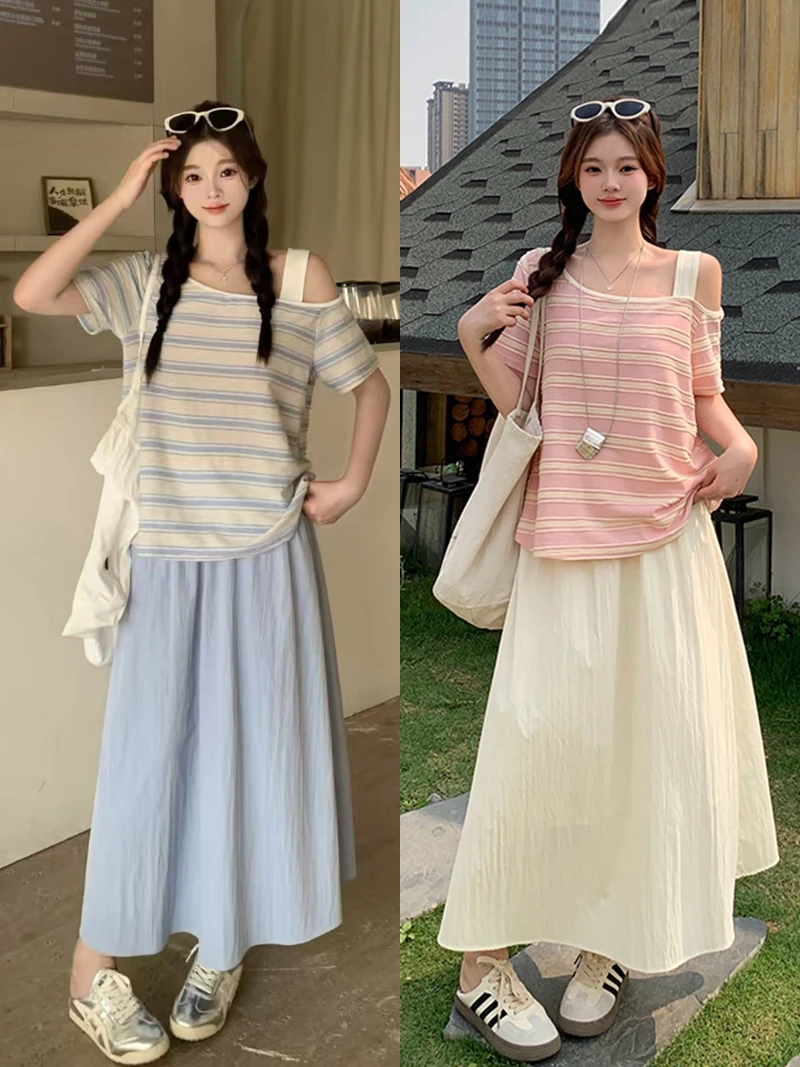 胖mm韩版露肩条纹短袖上衣纯色半身裙套装 A0799上衣+21817半身裙